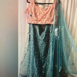 Elegant Peach and Blue Embroidered Lehenga